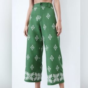 ZARA | Embroidered Linen Blend Wide Leg Cropped Pants | M